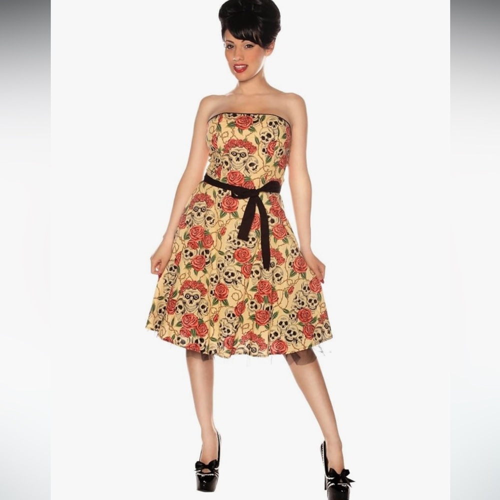 Folter Strapless Forever Yours  in Skull Rose Tattoo Flash Print dress size xl